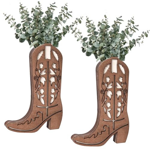 Zelura 2 Pcs Wood Cowboy Boot Vase for Flowers Faux Greenery, Cowgirl Boot Decor, Western Wall Decor for Bathroom, Bedroom, Kitchen(Flower)