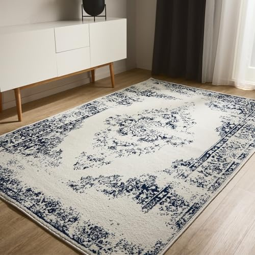 benuta Basic Teppich Sia - Creme/Blau 300x400 cm - Kunstfaser - Rechteckig & im Style: Vintage, Boho-Style, Retro - Pflegeleicht für Wohnzimmer Schlafzimmer