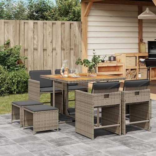 Gecheer 9-TLG.Garten-Essgruppe mit Kissen 8 Personen Gartenmöbel Set 4 Gartenhocker 4 Stühle & Tisch mit Tischplatte aus Akazienholz Balkon Möbel Sitzgruppe Rattanmöbel Gartenset Grau Poly Rattan