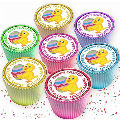24 x HAPPY EASTER CUTE YELLOW CHICKS EDIBLE ICING 4.5 cms CUPCAKE TOPPERS DECORATIONS 8207