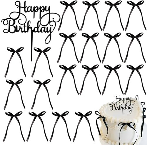 21pcs Décoration de Gâteau Joyeux Anniversaire Cake Topper Happy Birthday Noir Nœud Cupcake Topper Décoration de Table pour Mariage Anniversaire Fête