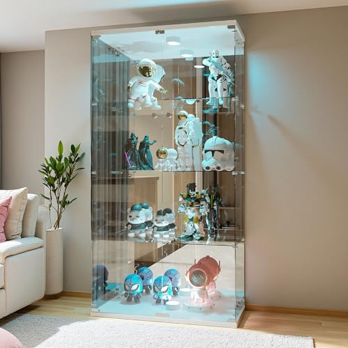 DAHUEN Stående glasvitrinskåp, stående vitrinskåp med lås och LED-belysning, vitrinskåp med 4 glasgolv och 2 dörrar av härdat glas (vit, 164 x 36,5 x 80,5 cm)