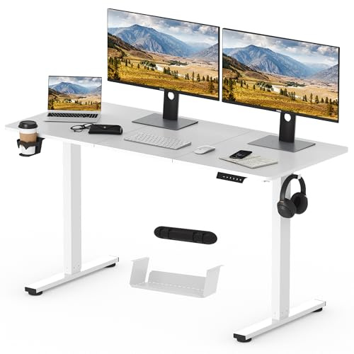 SANODESK Höhenverstellbarer Schreibtisch 140 x 60 cm inkl. 4 Zubehörteilen: Becherhalter, Haken, Aufbewahrungsbox und Kabelmanagement, mit Memory-Funktion, für Büro und Entertainment, Weiß