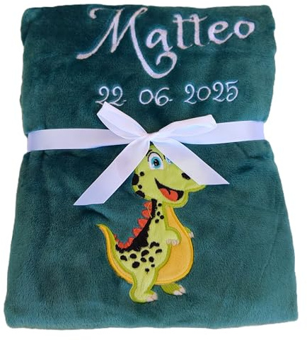 Wuff-Dogsworld Babydecke mit Namen und Geburtsdatum Bestickt, personalisierte Kuscheldecke, viele Motive & Farben, Geschenk zur Geburt für Mädchen & Jungen (Petrol Dino)