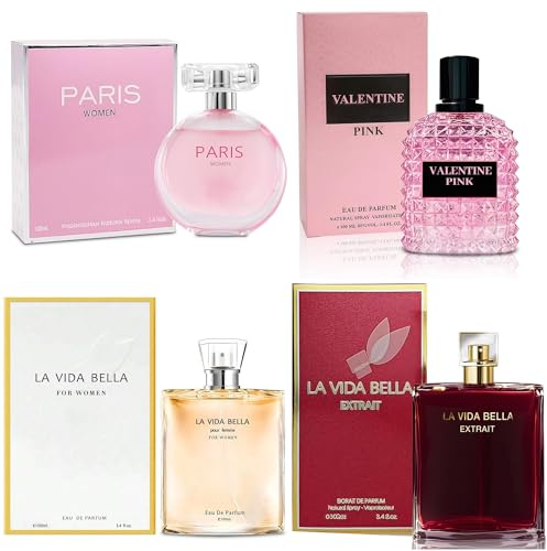 A CENTER 4PCS Perfume Set for Women Fragrance Gift Set with Vanilla,Sweet Fruity Eau De Parfume| 3.4 Fl Oz Each(La Vida Bella,La Vida Bella Ext,Valentine Pink,Paris Women)
