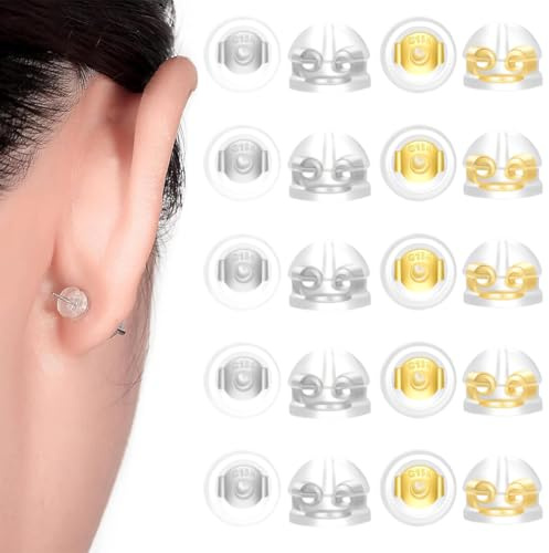 WUSJCOF 20 unidades Cierres de pendientes seguros,repuesto de silicona hipoalergénico,tuercas de oro,metal y plástico,goma con forma de bala y estilo mariposa,tapón posterior de seguridad (Plata)