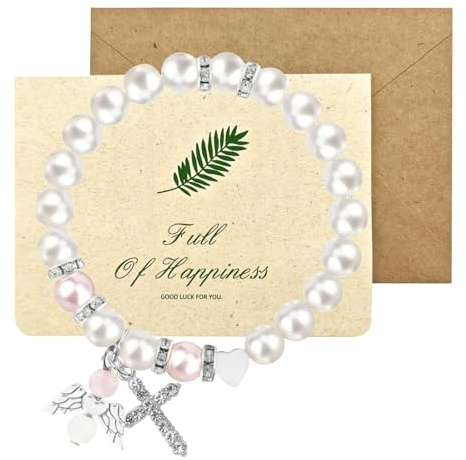 Bracelets pour filles avec croix d'ange, strass blanc et perle cadeaux de la première sainte communion cadeaux de baptême pour enfants pour l'anniversaire de l'école ami
