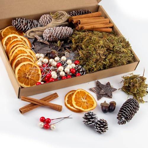 OMIGA Christmas Wreath Making Supplies 117 Pcs Yule Decorations Dried Orange Slices and Cinnamon Sticks Artificial Berries Moss Pine cones Acorns Rope Kit for Party Xmas Tree Craft Florist Decoration