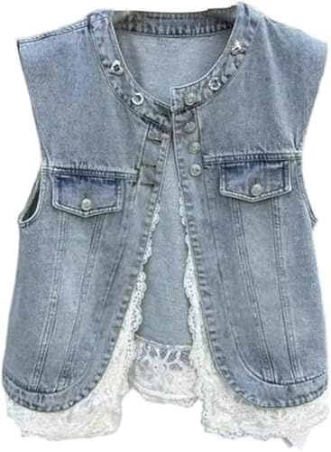 Genérico Mujer Retro Elegante Clásico Cuello Redondo Botón Encaje Dobladillo Denim Sin Mangas Chaleco Moda Suelto Casual Moda Versátil Chaleco De Mezclilla (Azul,M)