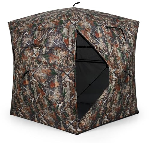 COSTWAY Persiana de Caza Portátil, Vista de 360°, Puesto de Caza para 4 Personas, Ventanas de Deslizamiento Silencioso, Bolsa de Transporte, Carpa Plegable Portátil, Camuflaje