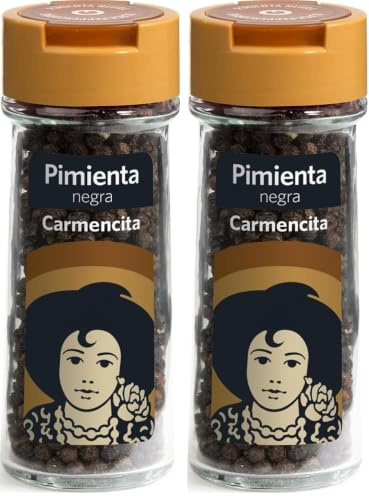 Carmencita Pimienta Negra en grano, Tarro de Cristal con Dosificador 47g (Paquete de 2)