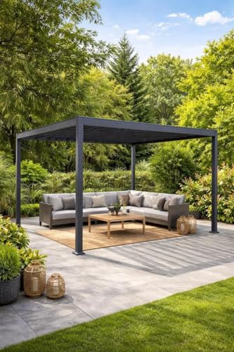 Lamellendach Sevilla Anthrazit mit Handkurbel – Verstellbare Aluminium Lamellen, Wetterfestes Pergola Dach für Terrasse & Garten (400 x 600 cm)