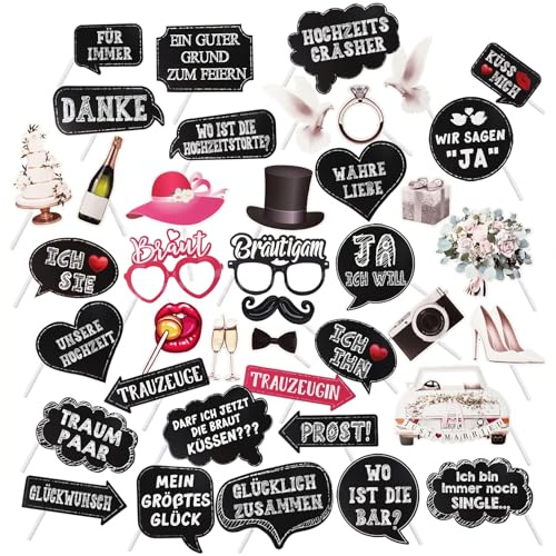 40 Stück Deutsch Fotobox Accessoires Hochzeit, Foto Requisiten für Braut & Bräutigam, Foto Booth Props mit Prost, Trauzeuge, für Immer Motive, ideal für Hochzeit & Junggesellinnenabschied