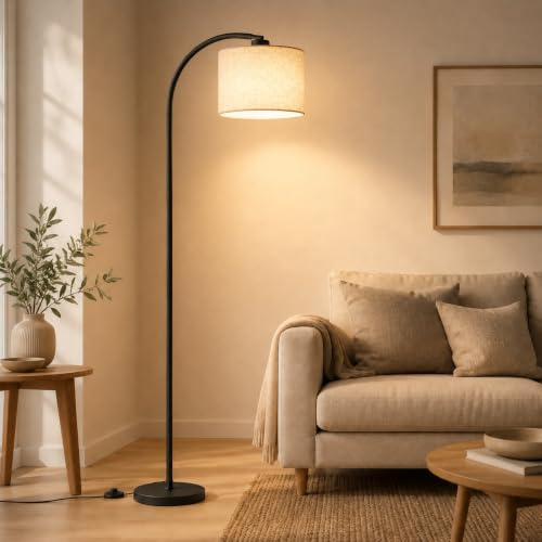 Oraymin Bogen-Stehlampe 170 cm, Moderne Leselampe mit Fußschalter, Leinen-Lampenschirm, E26/E27 Kompatibel, 3000K LED Leuchtmittel inklusive, Kippsicher für Wohnzimmer, Schlafzimmer