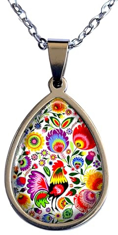 Collier goutte broderies folkloriques russes ethnique slaves coq fleurs