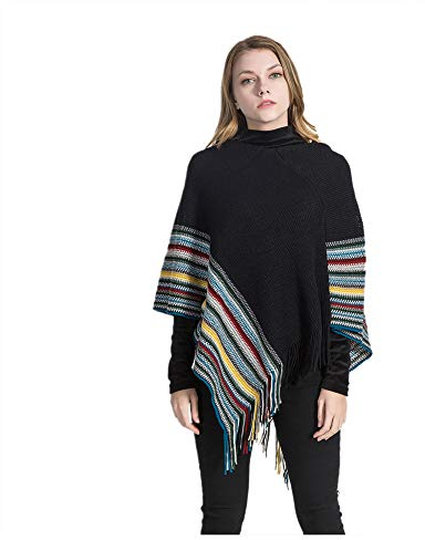 UK_Stone Poncho Damen Cape Trachtentuch Umhang Stola Schultertuch aus Acrylic Unifarbe Streifen Muster, Schwarz