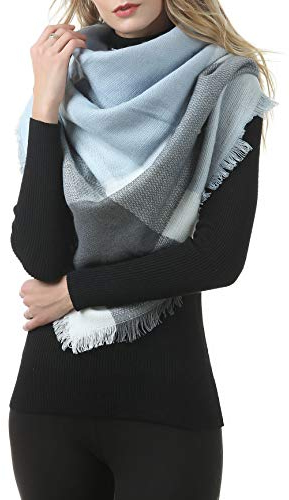 Durio Karoschal Damen Schal Winter Weich Deckenschal Quadratisch Übergroßer Strickschal Kariert Poncho mit Fransen Blaues u. Graues Karo