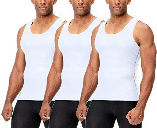 DEVOPS 3 Pack Men's Muscle Dry Fit Compression Tank Top, Sleeveless Workout Shirt for Gym, Running and Training Base Layer (Medium, White/White/White)