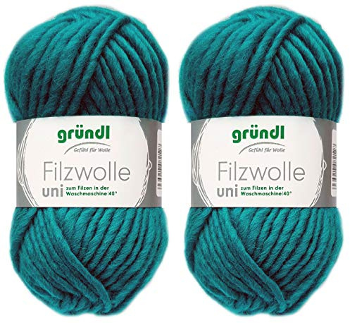 2x50 Gramm Gründl Filzwolle inkl. Anleitung für Topflappen (Uni Farben, 62 Petrol)