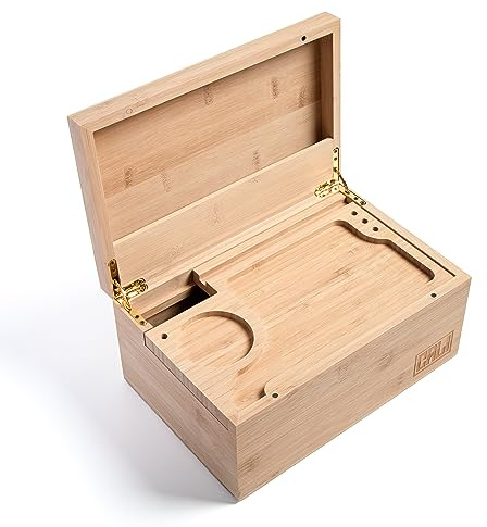 CALI Grande scatola portaoggetti per accessori da fumo, 100% bambù naturale, con vassoio scorrevole per rollare, larghezza 26,7 cm x altezza 12,7 cm x profondità 17,8 cm, 27 cm x 13 cm x 18 cm