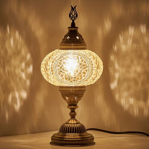 DEMMEX Turkish Moroccan Mosaic Table Bedside Night Lamp, Tiffany Style Colorful Handmade Glass Mosaics Unique Oriental Exotic Table Lamp, 16cm Big Size Globe, 36cm Height, Handmade in Turkey (Gold)