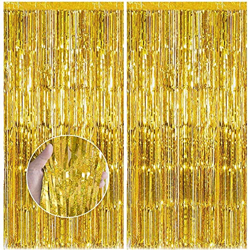 Feibmir 2 Stück Metallische Lametta Vorhänge,Glitzer Vorhang Deko,Folie Fringe Hintergrund Dekorative,für Geburtstagsfeier Baby Shower Hochzeit Weihnachten Dekorationen (Gold)