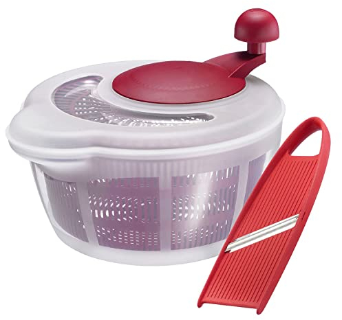 Westmark Salat-Set: 1 Salatschleuder, 5 Liter, + 1 Gemüsehobel, Kunststoff/Rostfreier Edelstahl, BPA-frei, Fortuna, Farbe: Transparent/Rot, 243222E9