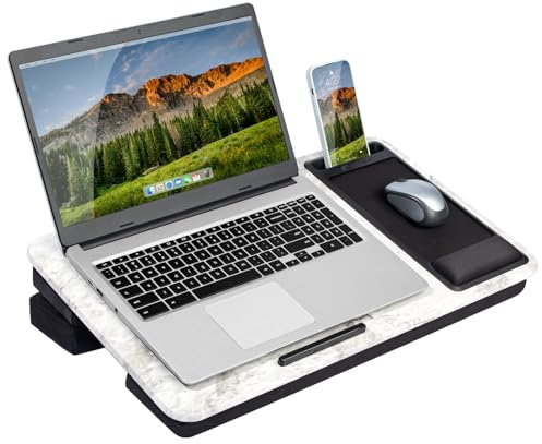 LAPGEAR Extra großer, Verstellbarer Schoßschreibtisch mit Gel-Handgelenkauflage, Mauspad, Handyhalterung, Geräteleiste und Sitzerhöhung, weißer Marmor, passend für Laptops bis zu 43,9 cm (17,3 Zoll),