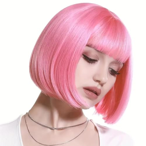 PORSMEER Rosa Kurz Gerade Bob Perücken Mit Pony für Frauen, Natürliche Synthetische Haar Perücken für Karneval/Fasching & Cosplay Halloween Party