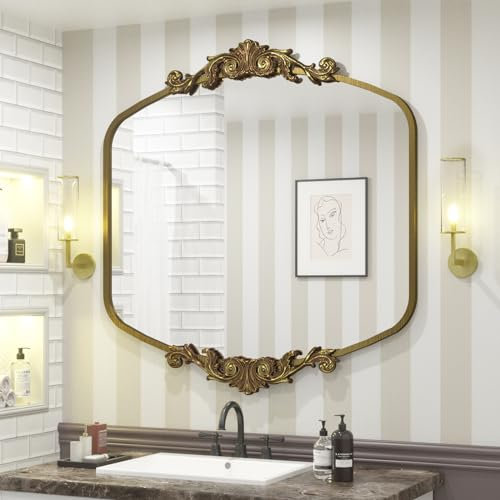 SMIROR Gold Vintage Spiegel 36x36 Gewölbter Antikspiegel für Wand Metallrahmen Barock Badezimmer Schminktisch Kamin