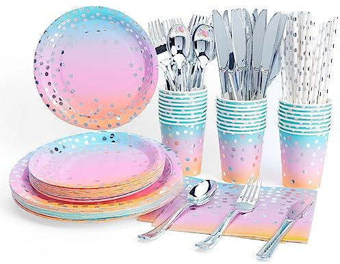 fanquare Ensemble de Vaisselle de Fête Arc-en-Ciel 192 pcs Carton Assiettes Gobelets Serviettes Couverts Pailles Décorations de Fête d'Anniversaire pour 24 Invités. Rose
