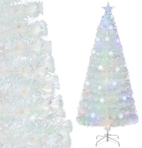 COSTWAY 180cm Árbol de Navidad Blanco, Hojas Iridiscentes, Árbol de Navidad de Fibra Óptica Preiluminado, 30 Luces LED de Copos de Nieve, Estrella, Arvore de Natal Oficina y Hogar(180cm)