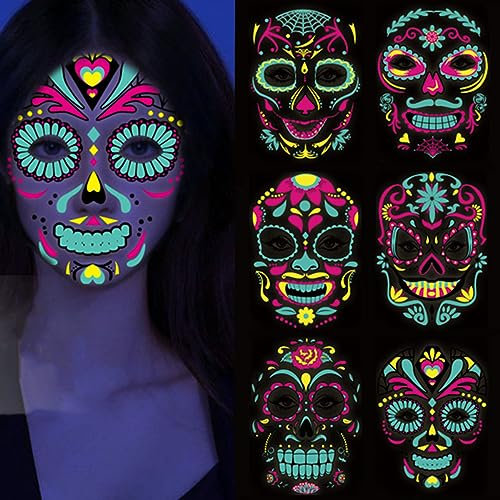 SamHeng 6 Blatt Neon Gesicht Temporäre Tattoos, Day of the Dead Leuchtend Tattoo Aufkleber, Im Dunkeln Leuchten Schädelkopf Gesichtsfarben Tattoos für Halloween Cosplay Rave Party