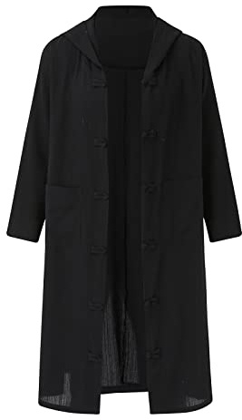 Genérico Gabardina larga de algodón y lino con capucha para hombre Abrigo antiguo de lino suelto retro japonés para hombres moda camisa negra manga larga, Le Noir, XL