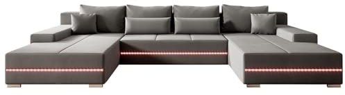 Juskys Sofa Malbun mit Schlaffunktion - Wohnlandschaft mit Bettkasten & LED - Stoff Bezug Schlafsofa Wohnzimmer U Form Couch Beleuchtung - Hellgrau