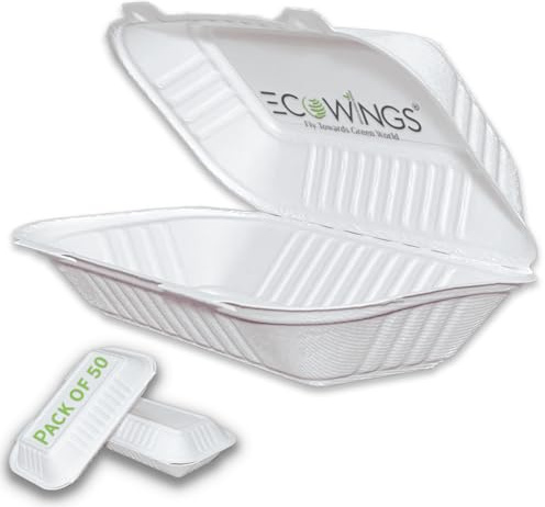 ECOWINGS Bagasse Takeaway Box - 9x6 Inch Eco-Friendly and Biodegradable Food Containers - Pack of 50 - Microwave and Freezer Safe