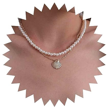 Cimenexe Bohème Geschichtet Perle Muschel Choker Halskette Gold Muschel Anhänger Halskette Jakobsmuschel Perlenkette Hochzeit Perlenkette Schmuck Für Frauen Und Mädchen Geschenke