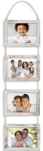 Icona Bay - 6x4 Wall Hanging Picture Frames Collage with 4 Openings - Distressed White - Casual Style Engineered Wood Frames - Wall Mount Only - Bliss Collection