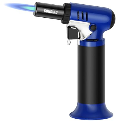 Sondiko Küchenbrenner Profi S907, Nachfüllbarer Flambierbrenner mit Brennstoffanzeige, Regulierbare Flamme Crème Brûlée Brenner, Gasbrenner für Küche, Backen, Blau & Schwarz (Butan Nicht Inbegriffen)