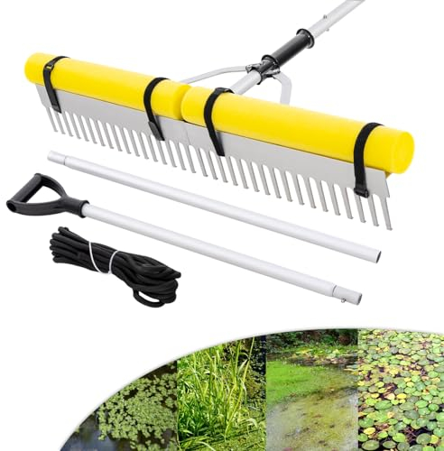 RELAX4LIFE Schwimmender Weed-See-Rechen, 2 in 1 Landschaftsrechen mit 600 cm Seil, Schwimmer, 36 Zinken, 92 cm Rechenkopf & Verstellbarem Griff, 230 cm Aluminiumrechen Faltbar, für Garten See
