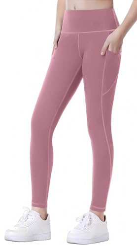 SEAUR Sportleggings för flickor, långa yogabyxor med 2 fickor, enfärgade, snäva joggingbyxor, löparbyxor, sportbyxor träningsbyxor, 120–160 cm, Rosa-röd, 130 cm