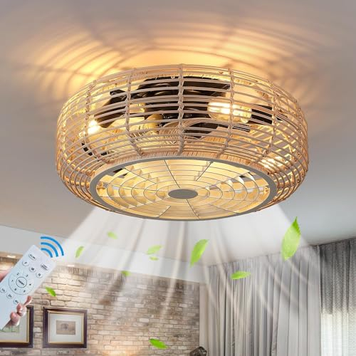 Deckenventilator mit Beleuchtung und Fernbedienung Retro Bambus Deckenlampe mit Ventilator E27 Vintage Industriell Ventilator Deckenleuchte Leise Lüfterlicht für Schlafzimmer Wohnzimmer Esszimmer