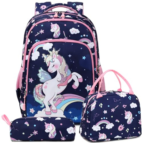 Kimwadalh Sacs à Dos Filles Cartable Licorne 3D Broderie Enfants Sacs d'école Filles Set de Sacs d'école pour Primaire 1-3 Classe,Voyage Randonnée