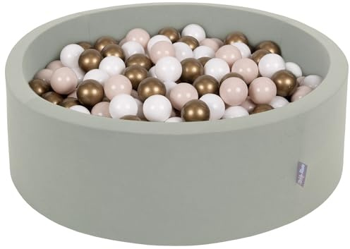 KiddyMoon Rund babybollspool 90 x 30 cm/200 bollar 7 cm bollgropar leksak barn, salvia: pastellbeige/vit/guld