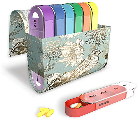 Czzmy Pastillero Semanal 4 Tomas 7 Días, 28 Compartimentos Organizador Medicamentos con Estuche de Cuero PU,Vitamina Caja de Almacenamiento para Viaje, Emerald Illusions(1-Pájaro Azul)