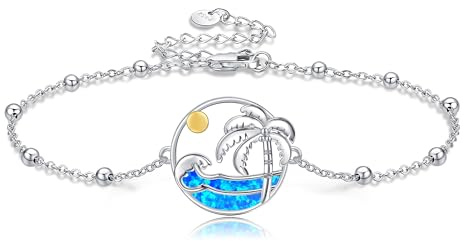 HUKKUN Palm Tree Bracelet Sterling Silver Wave Bracelet Ocean Palm Tree Jewelry Gifts for Women