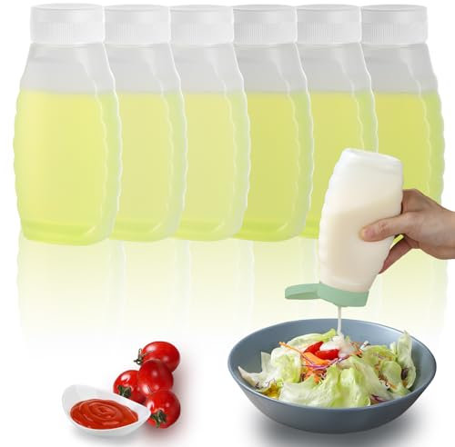 RAMFIYN 6 Pack Condiment Squeeze Bottles for Liquids Ketchup Oil Mustard Hot Sauce Bottles with Caps 380ml/12oz Plastic Squeeze Bottles for Sauces Salad Dressing Bottles - White Caps