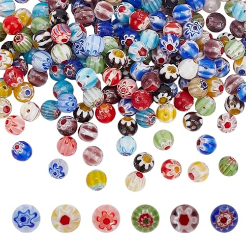 HOBBIESAY 200Pcs Multicolor Round Glass Flower Beads Millefiori Lampwork Glass Bead 6mm Colorful Floral Loose Beads for Jewellery Making DIY Bracelet Necklace Crafts Supply