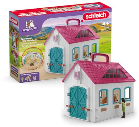 SCHLEICH Horse Club | Offenstall Kleines Hufeisen 42703 | Set inkl. Stall, 2 Pferde, bewegliche Mädchenfigur & Zubehör | tolles Geschenk für Mädchen und Jungen | Spielzeug ab 5 Jahren | 60 Teile