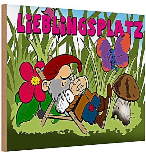 Lieblingsplatz Schild | Garten-Deko mit Zwerg und Naturmotiven | Perfekt für Außenbereich und Innenraumgestaltung | 20 cm x 30 cm